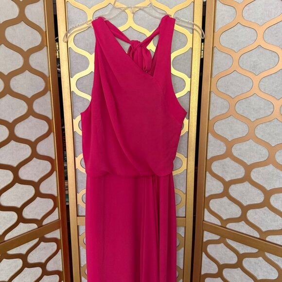 Halston Size 2 Fuchsia Azalea Asymmetric Draped Sleeveless Tie Back Maxi Gown - Picture 4 of 16